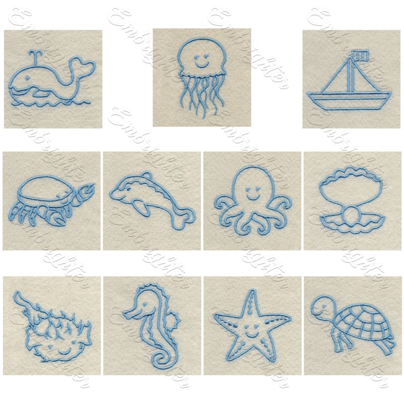 Machine embroidery design. Cute baby sea animal set, monochromatic for the little ones.
