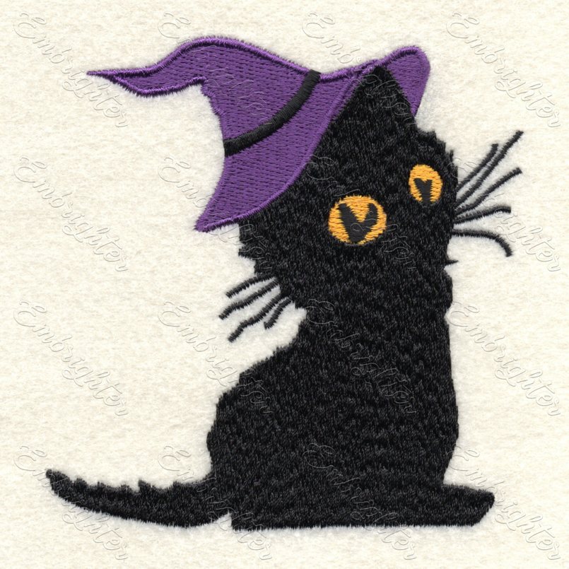Cute, black kitten with Halloween hat embroidery design.