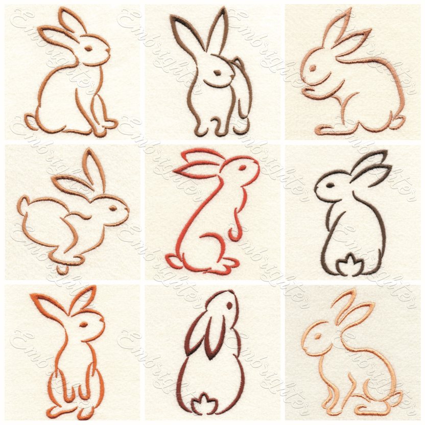 Line drawing bunny set with gift egg shaped Easter flower frames - machine embroidery designs