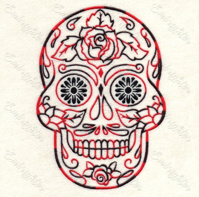 Calavera skull machine embroidery design. Floral skull, embroidered in multicolor and black eyes. Mexican skull.