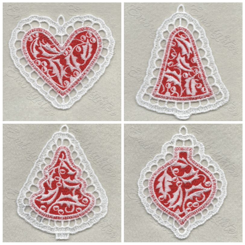Machine embroidery design. Gourgeous Christmas FSL ornament set for christmas time.