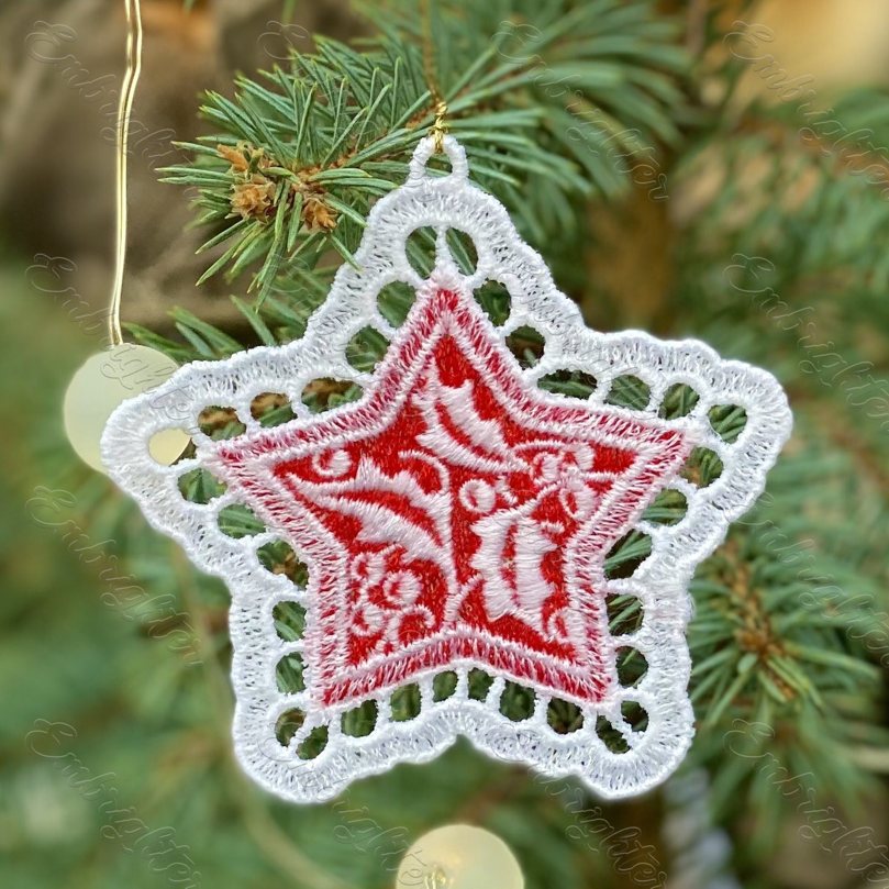Christmas FSL ornament machine embroidery design. Hand-drawn ornaments with a simple yet elegant pattern embellished with holly.