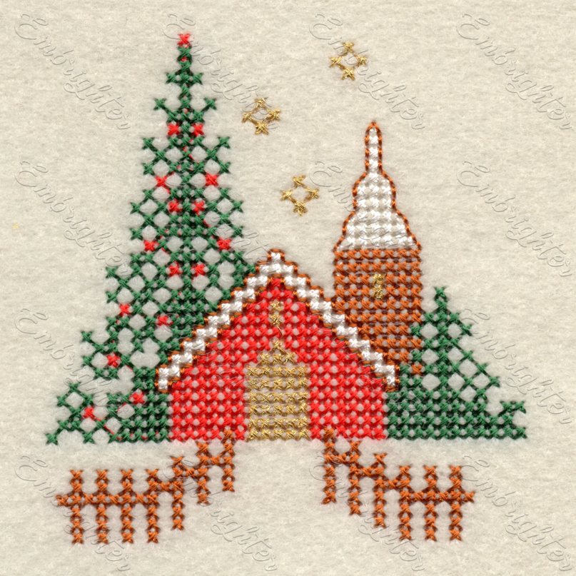 Cozy Christmas cross stitch design, small church among the pine trees.