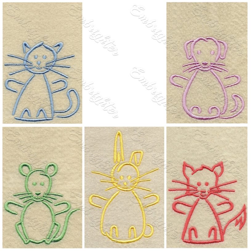 Machine embroidery design. Sweet line drawing whiskered animal set. Bunny, kitten, puppy, mouse, fox.