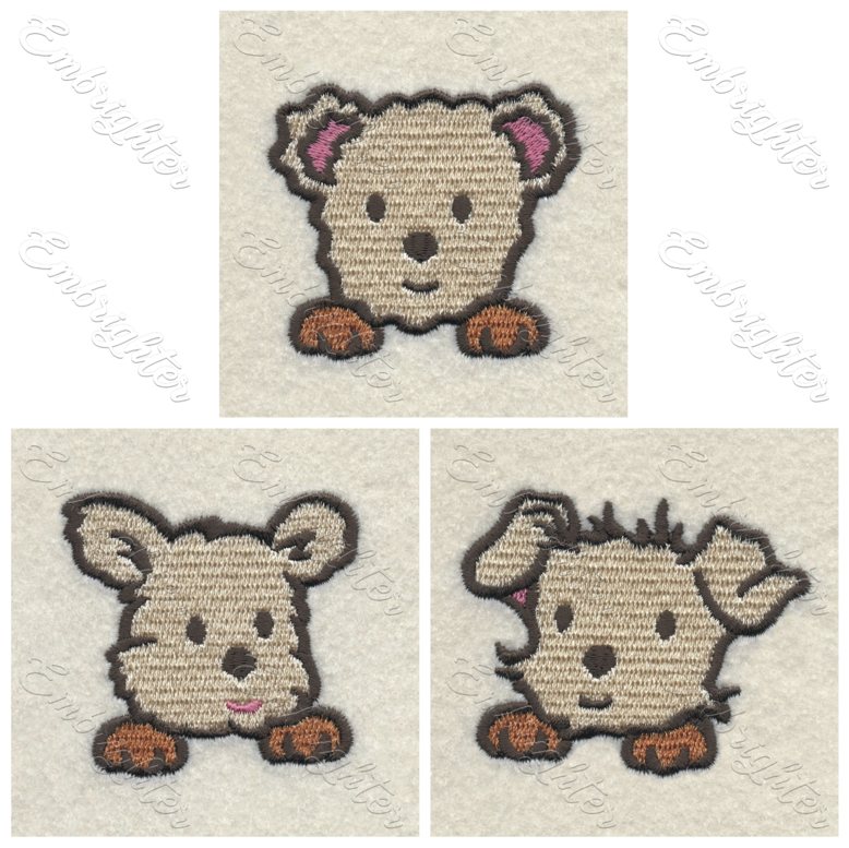 Machine embroidery design. Curious doggy set. Three cute little puppies in a set. 