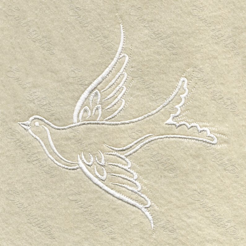 Machine embroidery design in two sizes. Flying dove bird, right side. Sublime wedding pattern for the special occasion. 