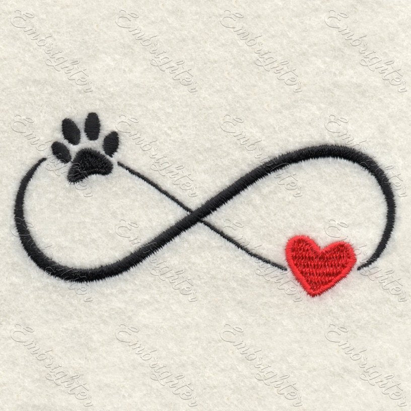 Machine embroidery design. Cute pattern in two sizes. Heart and dog paw in infinity sign. 