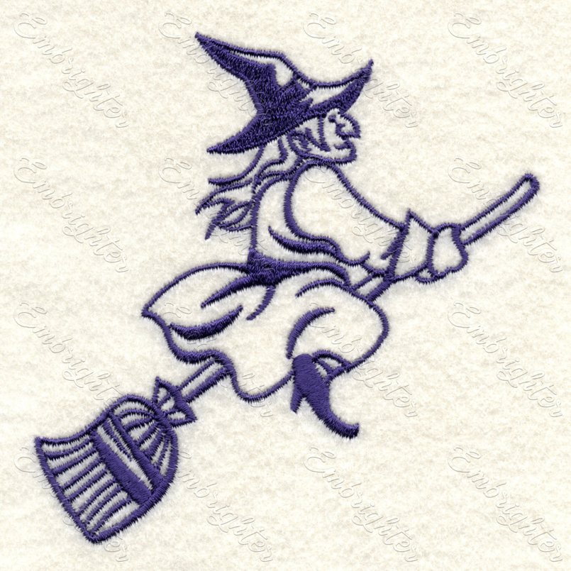 Flying witch halloween machine embroidery design. Flying witch riding on a broom. 