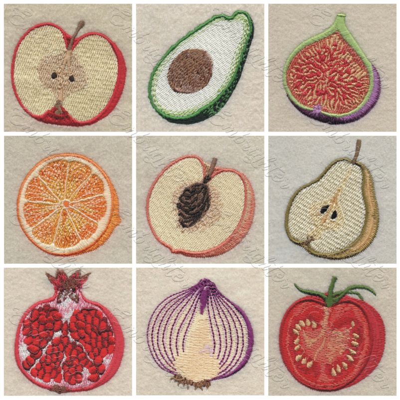Machine embroidery designs. Real looking, half cutted fruits and vegetables set.