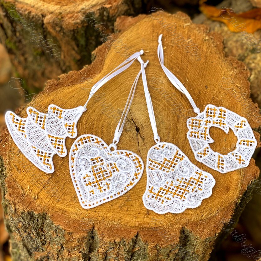 FSL gold and white christmas ornament embroidery design set II