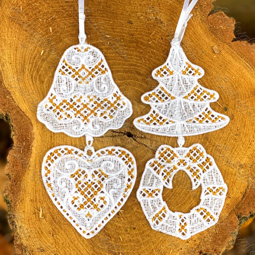 FSL gold and white christmas ornament embroidery design set II – Embrighter