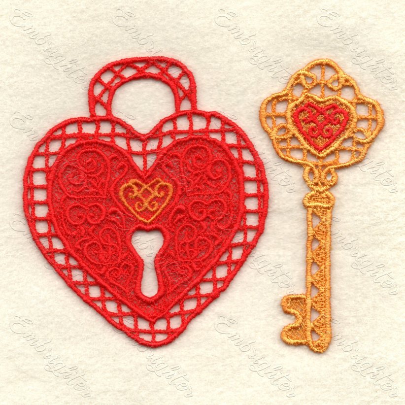 Free standing lace love lock with key machine embroidery design set