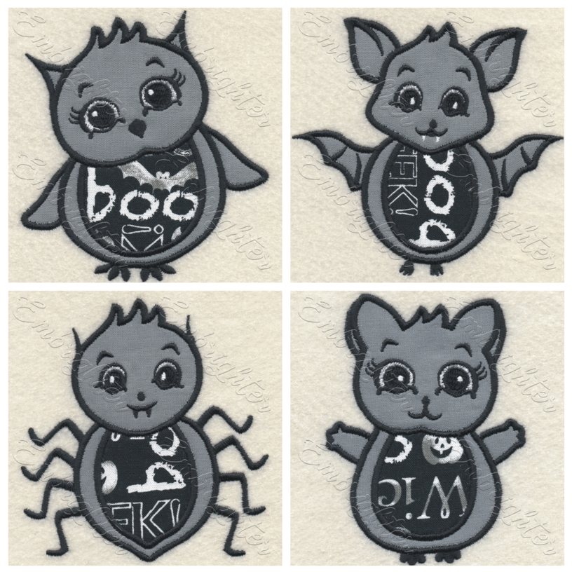 Halloween baby animals machine embroidery design set. Cute Halloween baby owl, bat, cat and spider applique embroidery designs.