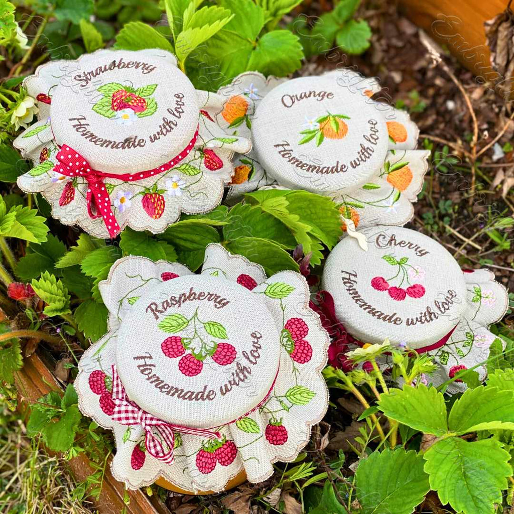 Jam jar cover embroidery design set in two sizes