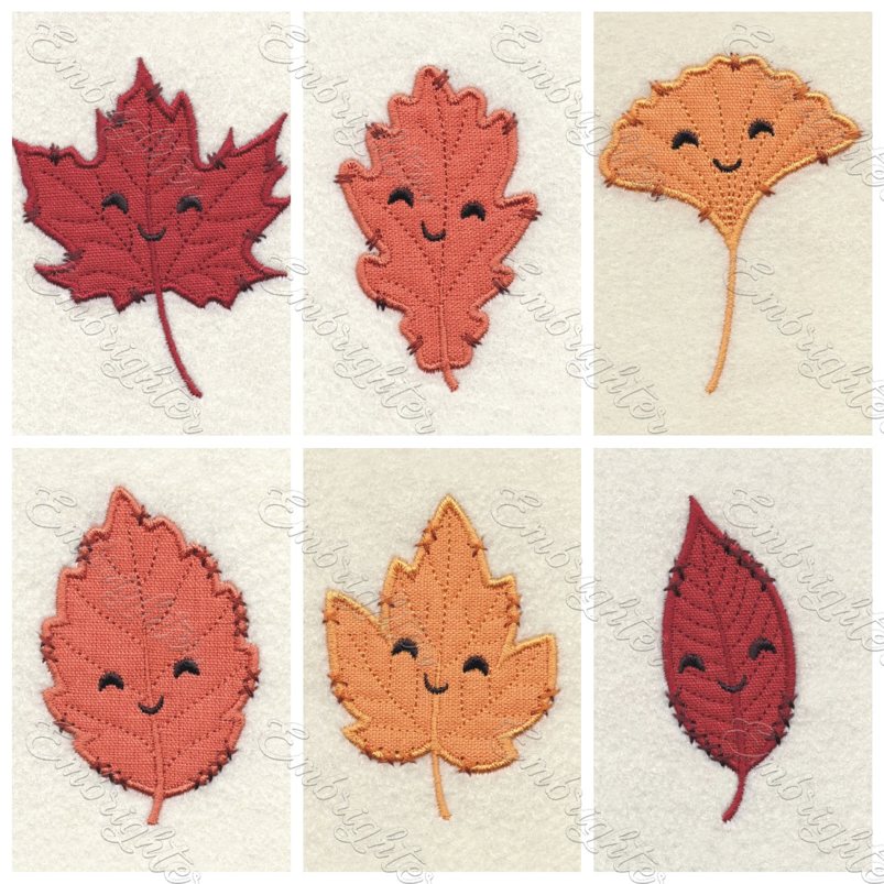 Stunning applique autumn leaf set with imitated hand stitches. Six cute leaves with lovely smiley faces.
