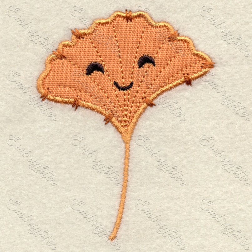Leaf machine embroidery design. Stunning applique autumn leaf with imitated hand stitches. Cute leaf with lovely, smiley face in autumn color.