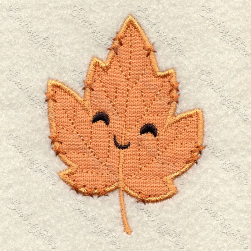 Leaf machine embroidery design. Stunning applique autumn leaf with imitated hand stitches. Cute leaf with lovely, smiley face in autumn color.