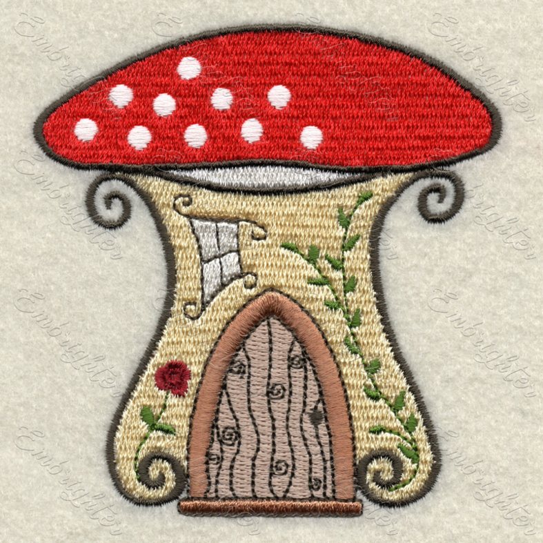 Mushroom fairy house machine embroidery design. Cute mushroom house for fairies. 
