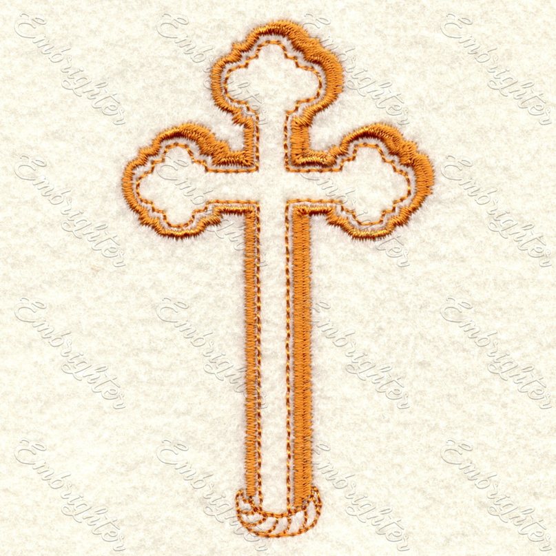 Orthodox christian cross machine embroidery design. Orthodox embroidered cross in golden yellow. 