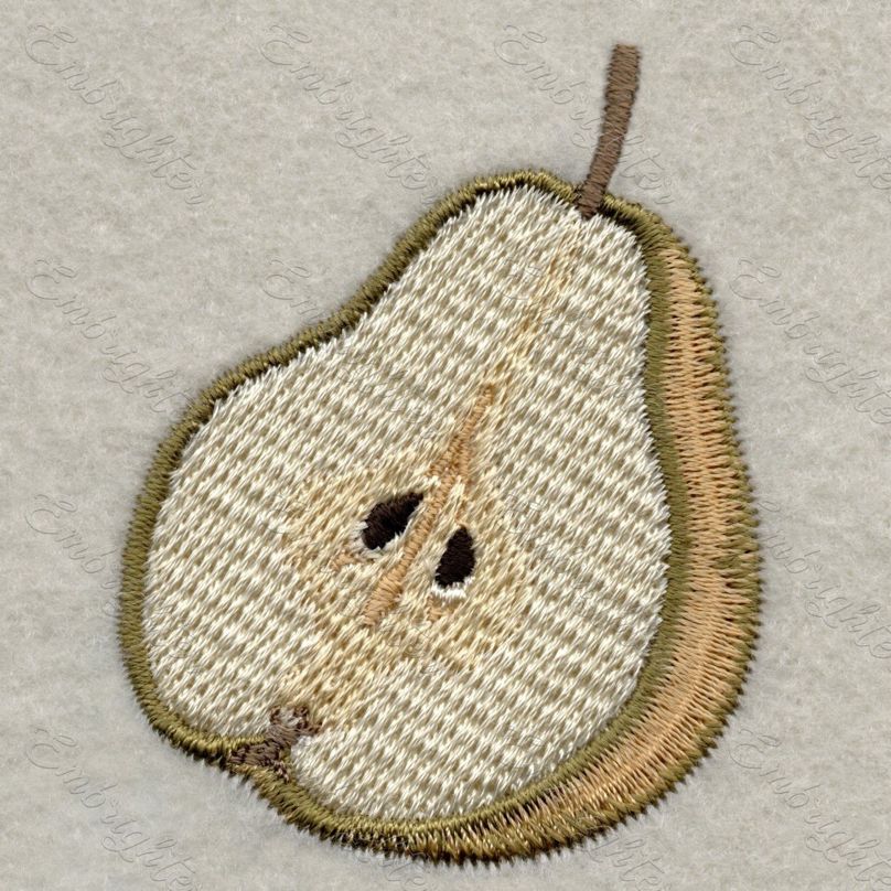 Machine embroidery design. Real looking, half cutted pear pattern. 