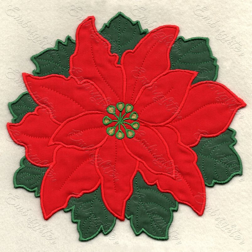 Poinsettia 2D ornament embroidery design.  Red poinsettia flower with green leaves.