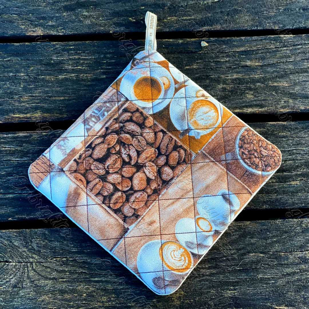 Coffee pattern ITH pot holder - square shaped machine embroidery design