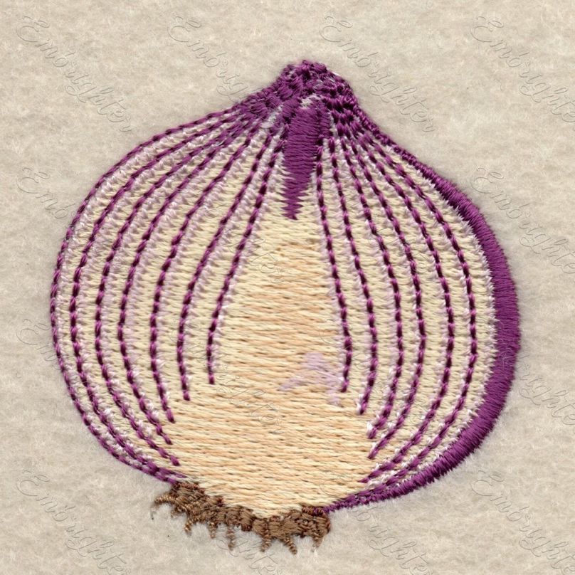 Machine embroidery design. Real looking, half cutted red onion pattern. 