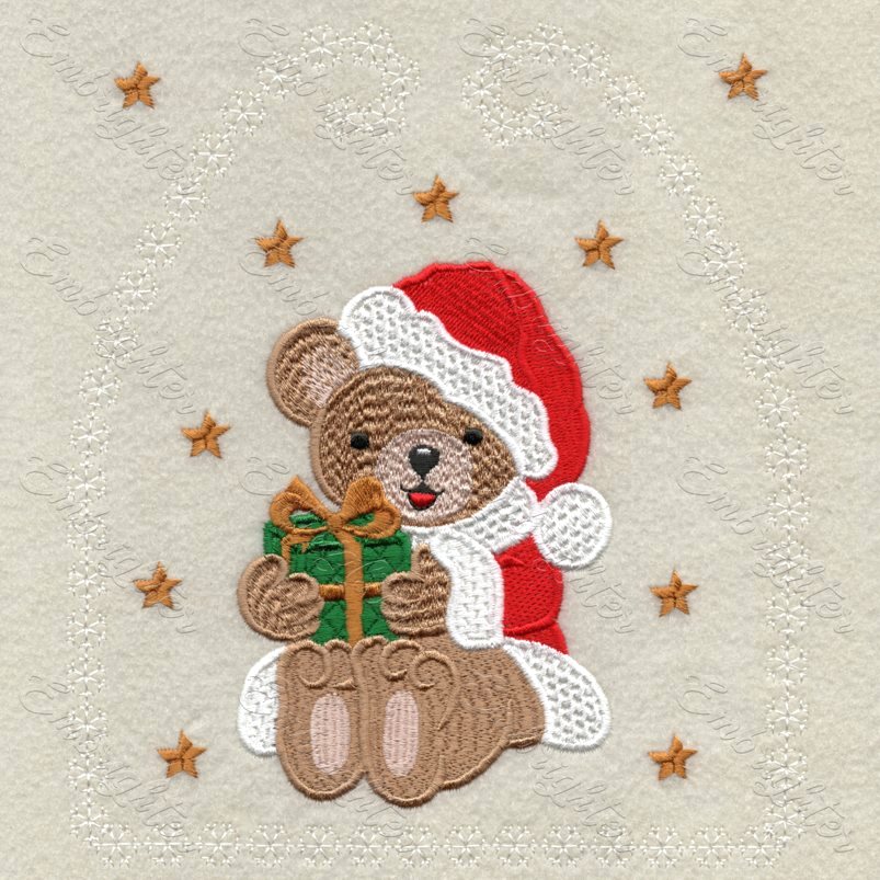 Cute Santa Bear machine embroidery design with snowflakes and christmas present.