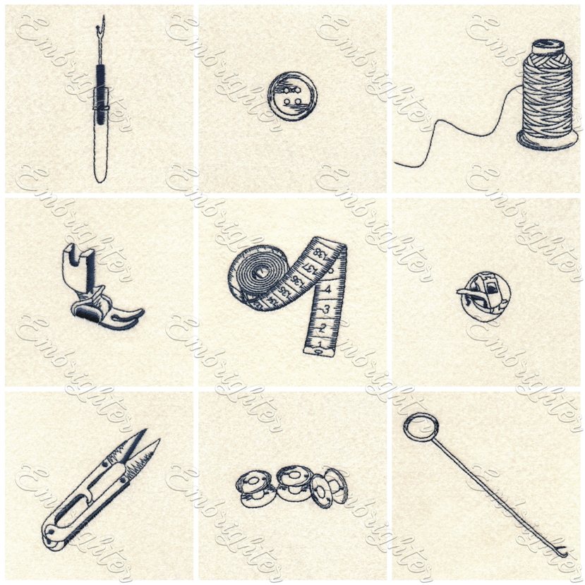 Line drawing sewing tools embroidery design set