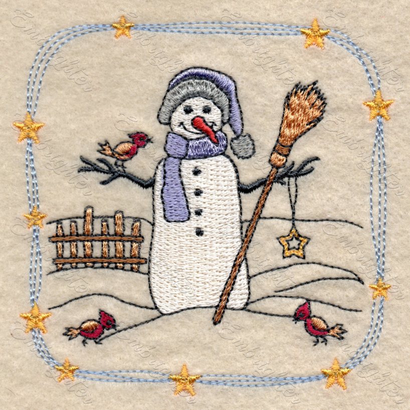 snowman with little birds embroidery design