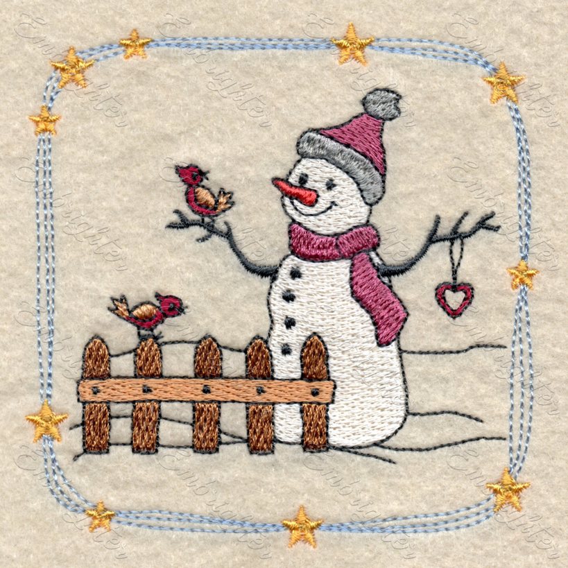 snowman with little birds embroidery design