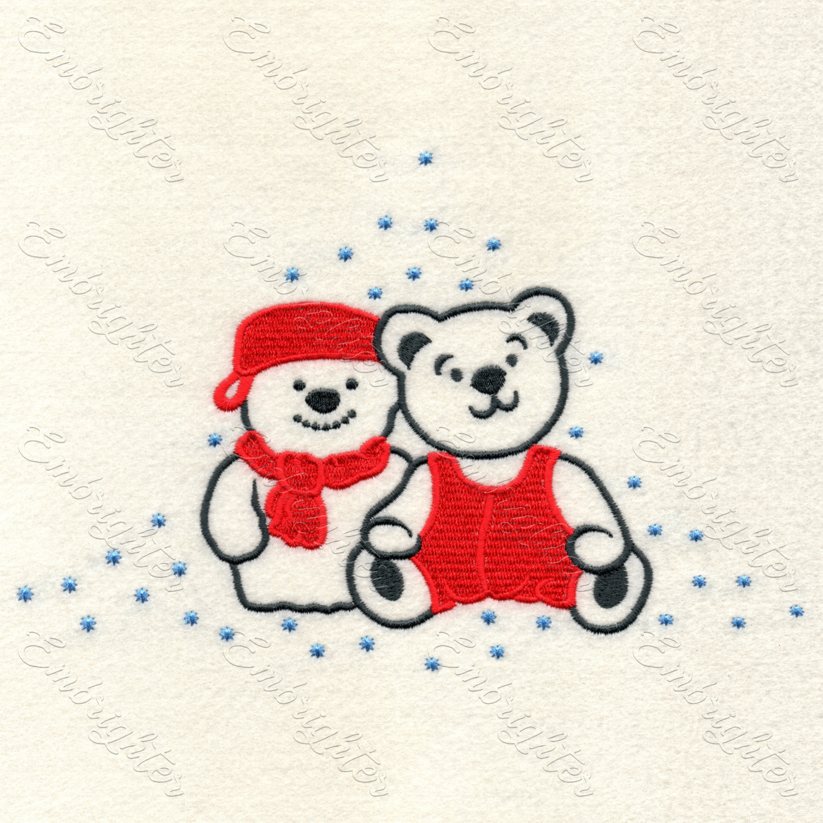 Snowman and teddy bear embroidery design  A very lovely couple, teddy bear and snowman are sitting in the snowfall. Charming design for Christmas for kids and kid-minded adults too.