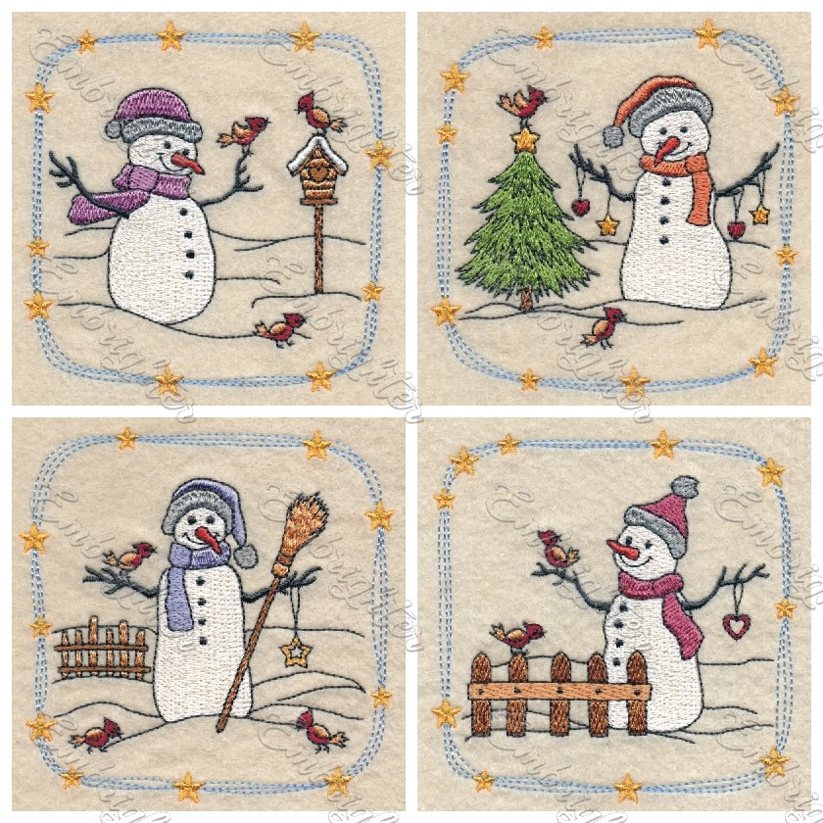 snowmen with little birds embroidery design set