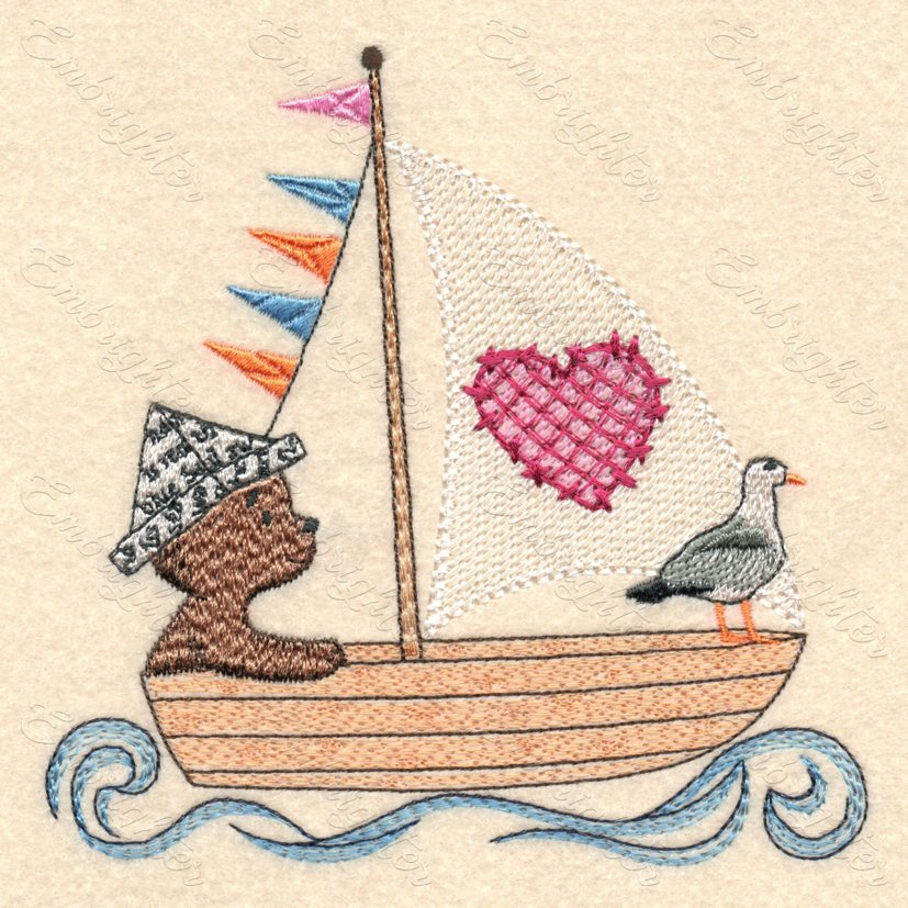 Teddy bear and seagull are sailing machine embroidery design