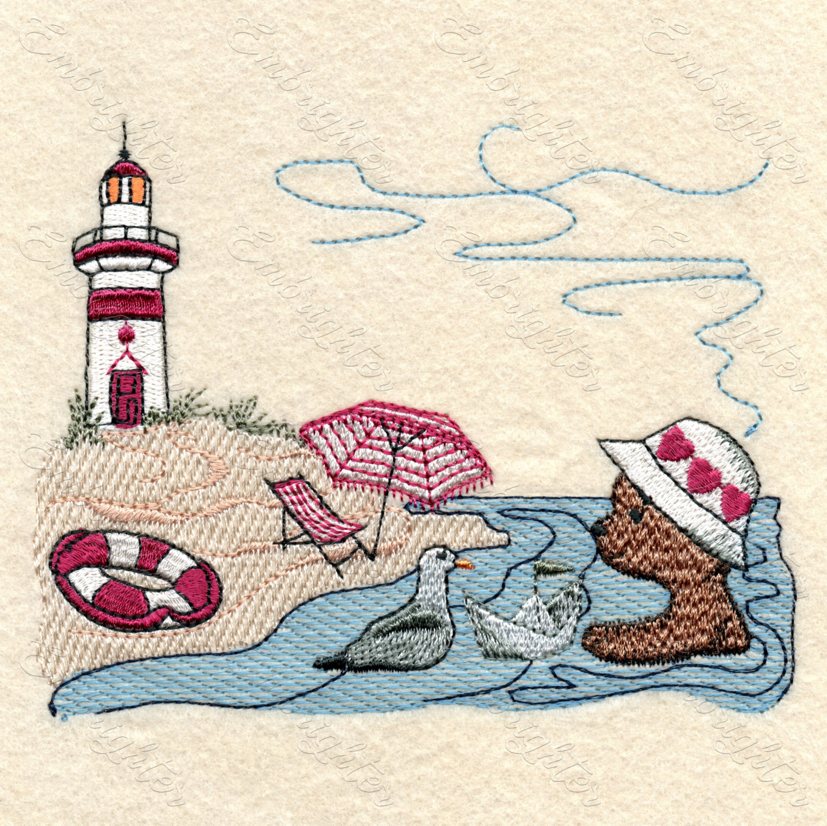 Teddy bear and seagull are swimming embroidery design