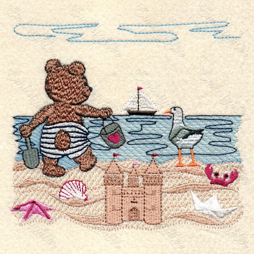 Teddybär und Möwe auf dem Strand-Stickerei-Design