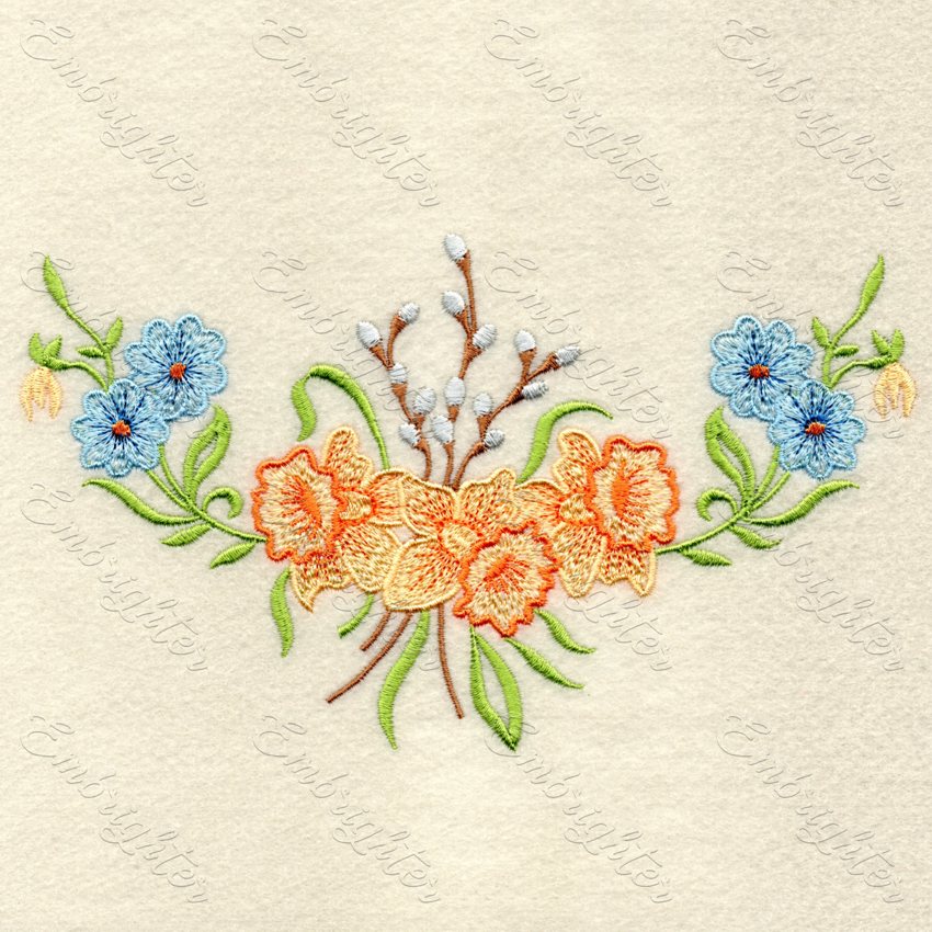 Three daffodils with Easter catkins embroidery design