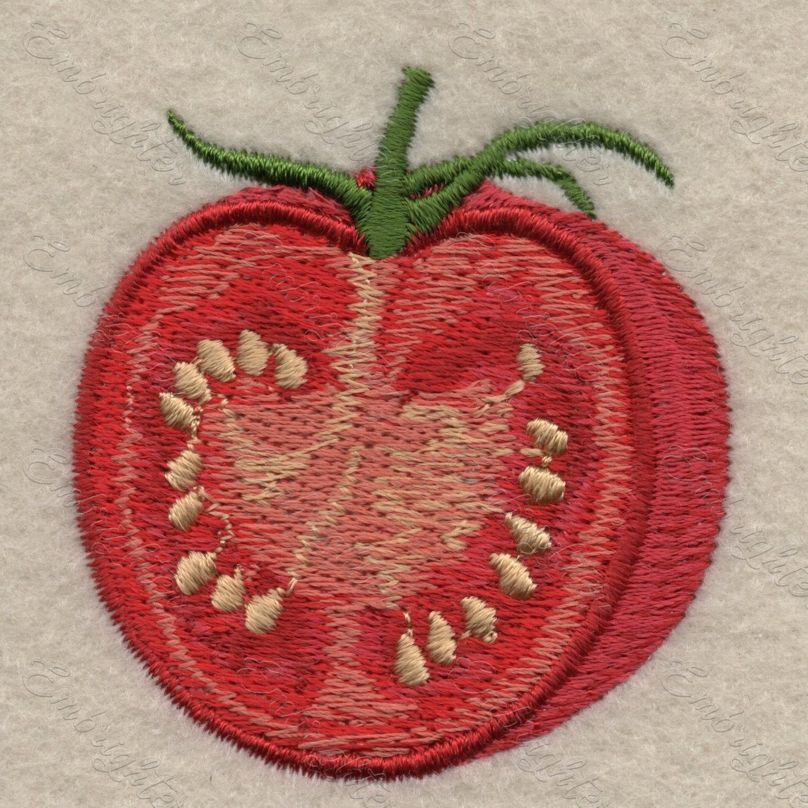 Machine embroidery design. Real looking, half cutted tomato pattern. 
