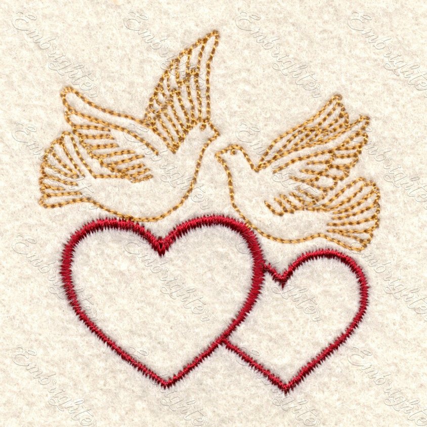 Two pigeons on hearts embroidery design