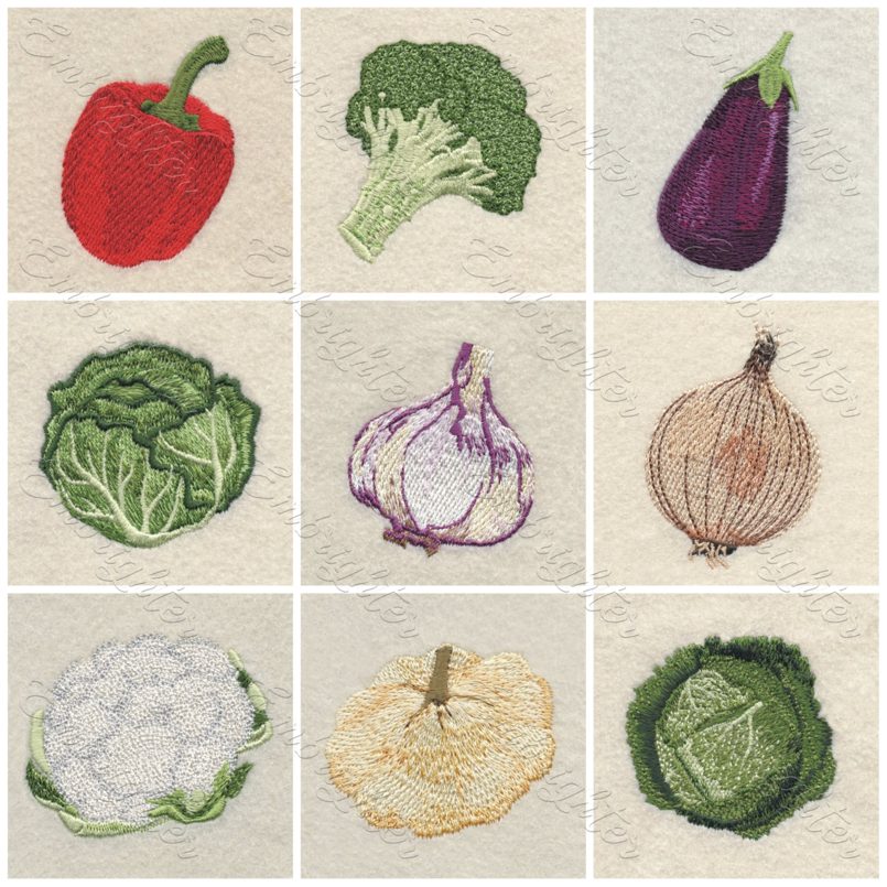 Real looking embroidery designs, vegetables in a set. Can be used for kitchen textiles, pillows, other decorations