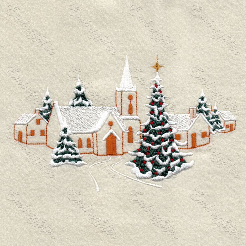 Snow covered small village with Christmas tree in the square in front of the church machine embroidery design.