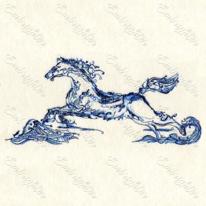 Watercolor-looking horse embroidery  a noble, powerful horse rising out of the water with her beauty and strength