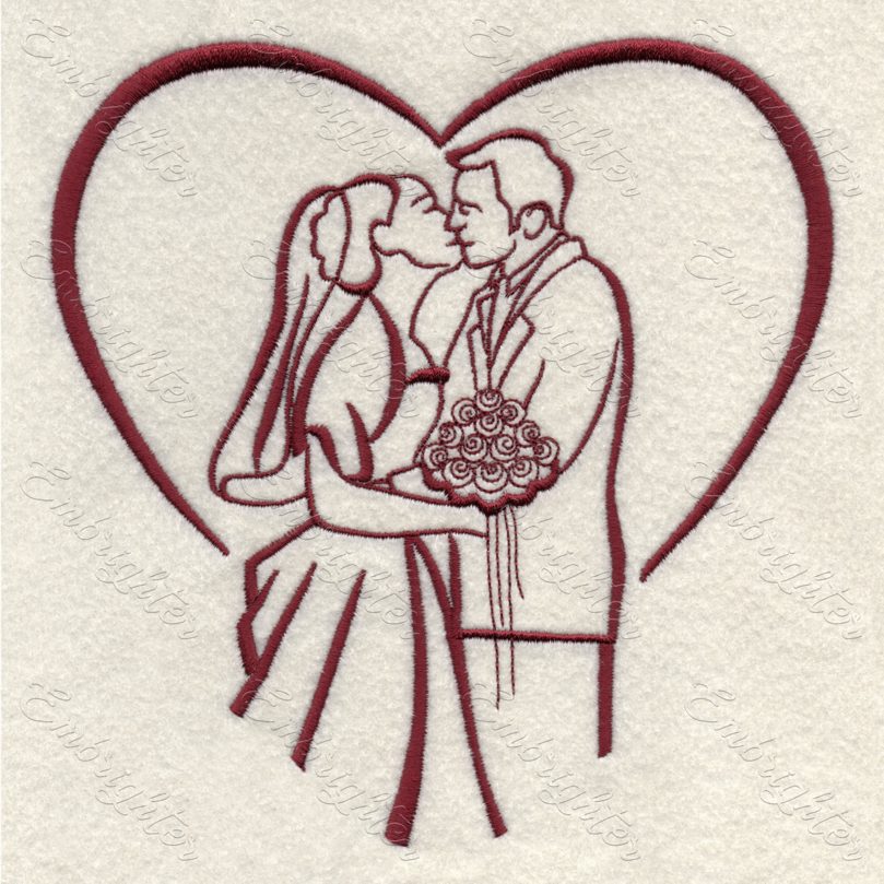 Wedding machine embroidery design in two sizes. A couple with heart background as a symbol of love. Can be used on ring pillow or other wedding embroidery.