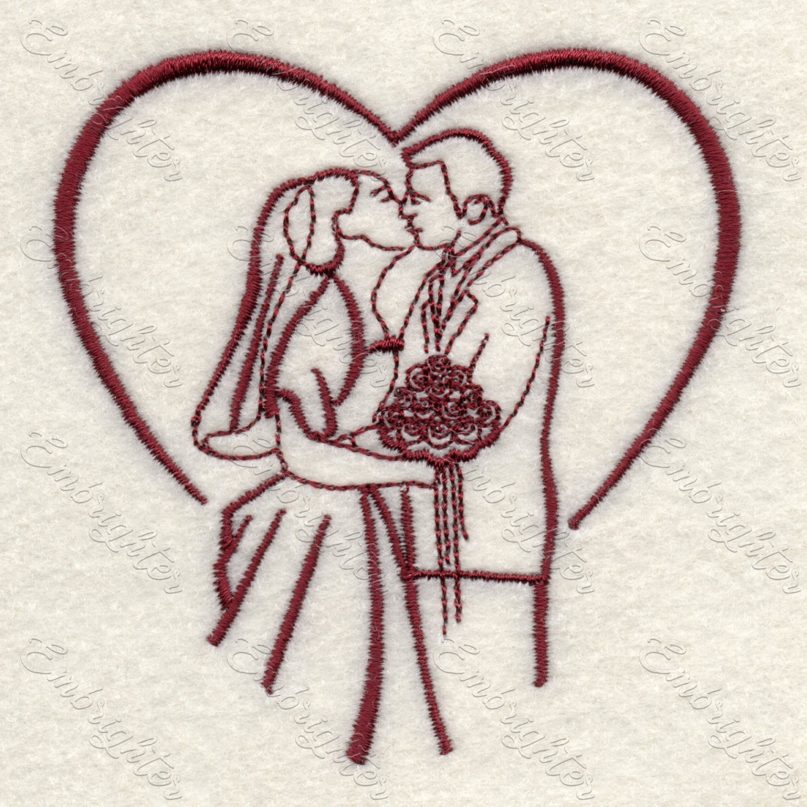 Wedding machine embroidery design in two sizes. A couple with heart background as a symbol of love. Can be used on ring pillow or other wedding embroidery.