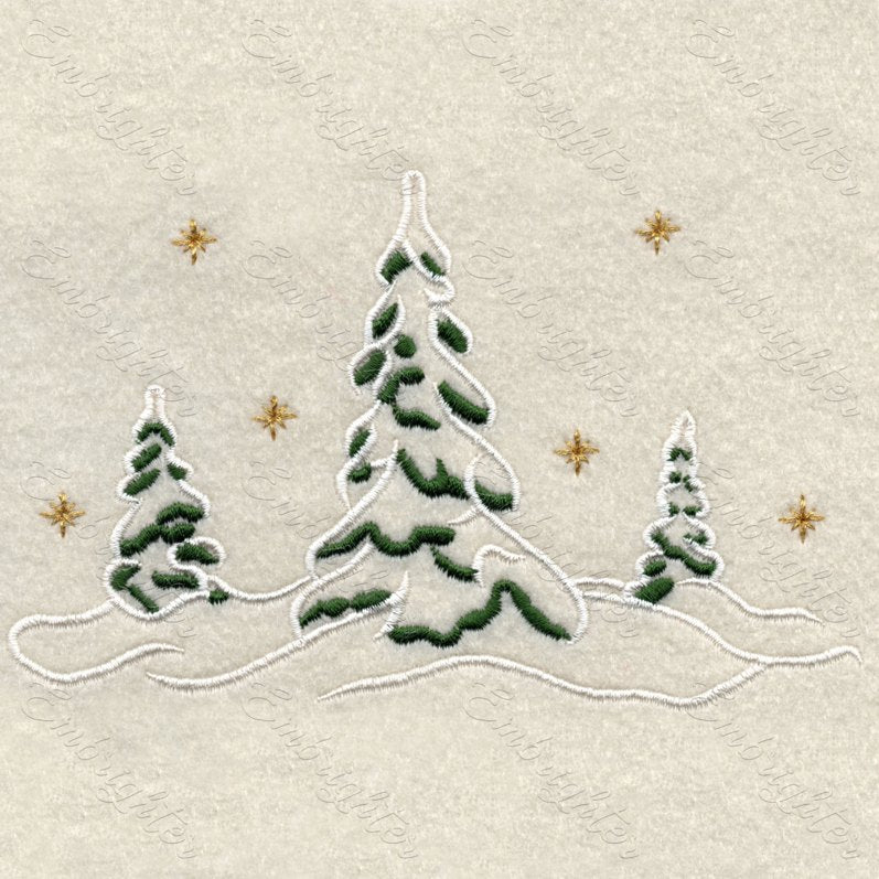 Christmas machine embroidery design. Quiet winter forest with stars and snowy pine trees.