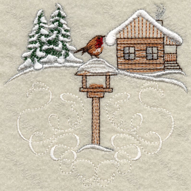 Marvelous Christmas machine embroidery design, winter landscape with bird feeder, snowy pine trees and a little robin bird.