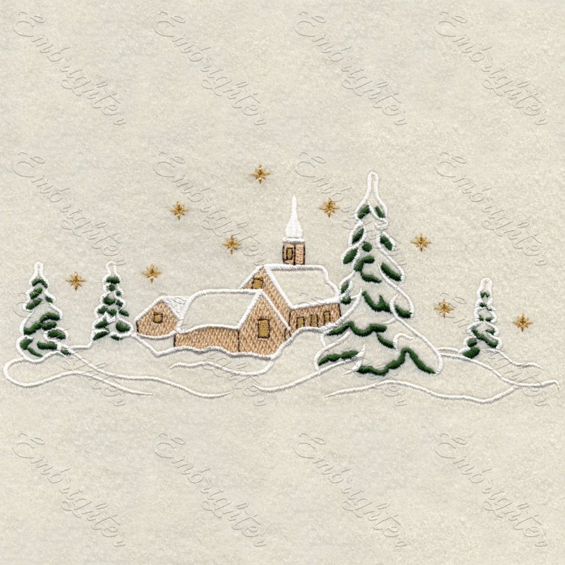 Cosy winter village machine embroidery design for Christmas with snow and pine trees, houses and stars. A little gold thread gives festive glitter for the embroidery design.