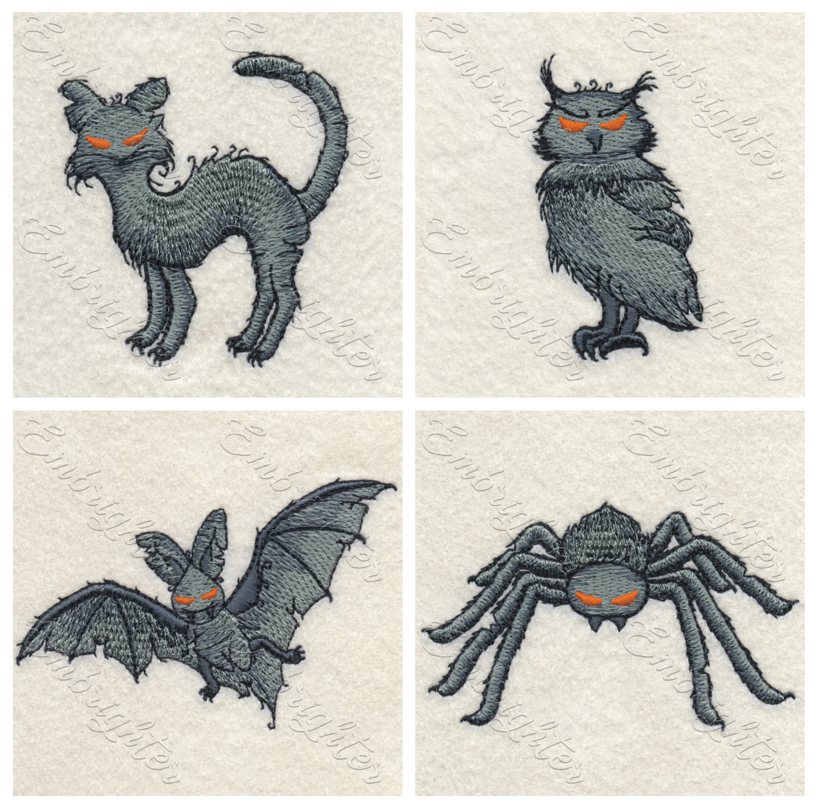 Zombie animals Halloween machine embroidery design set. Scary zombie cat, bat, owl and spider.