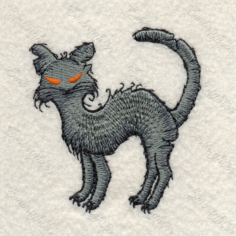 Scary zombie cat Halloween embroidery design. Grey zombie cat with orange eyes.
