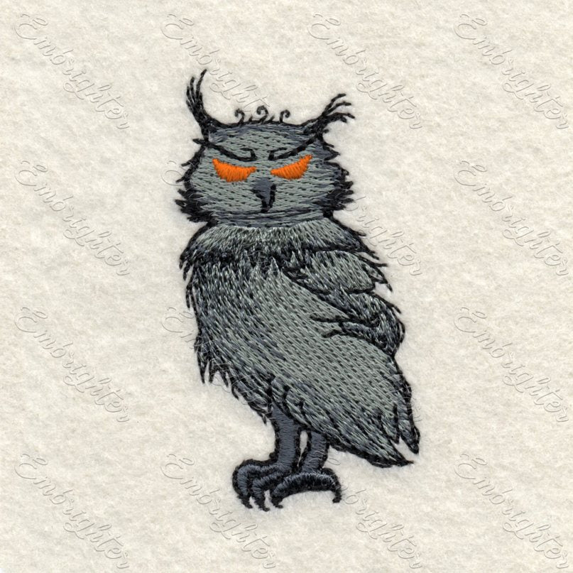 Scary zombie owl Halloween  machine embroidery design. Grey zombie owl with orange eyes.